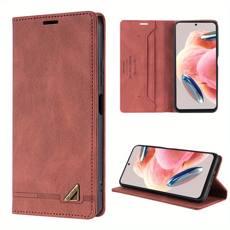 O husă de protecție realizată din piele sintetică, cu o fereastră pentru carduri, blocare RFID, un suport și un flip magnetic, proiectată pentru diverse modele Xiaomi, inclusiv Xiaomi 13T, Redmi 13C și altele.