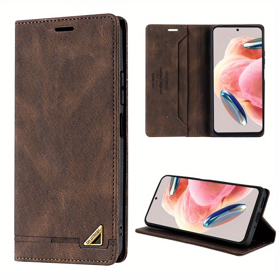 O husă de protecție realizată din piele sintetică, cu o fereastră pentru carduri, blocare RFID, un suport și un flip magnetic, proiectată pentru diverse modele Xiaomi, inclusiv Xiaomi 13T, Redmi 13C și altele.