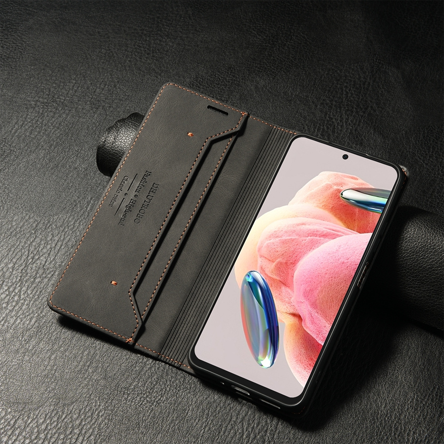 O husă de protecție realizată din piele sintetică, cu o fereastră pentru carduri, blocare RFID, un suport și un flip magnetic, proiectată pentru diverse modele Xiaomi, inclusiv Xiaomi 13T, Redmi 13C și altele.