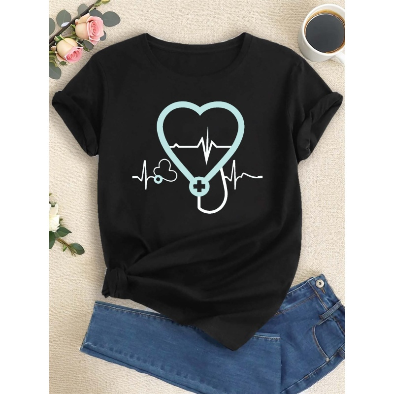 

Heart Graphic & Heartbeat Print T-shirt, Short Sleeve Crew Neck Casual Top For Summer & Spring, Women's Clothing