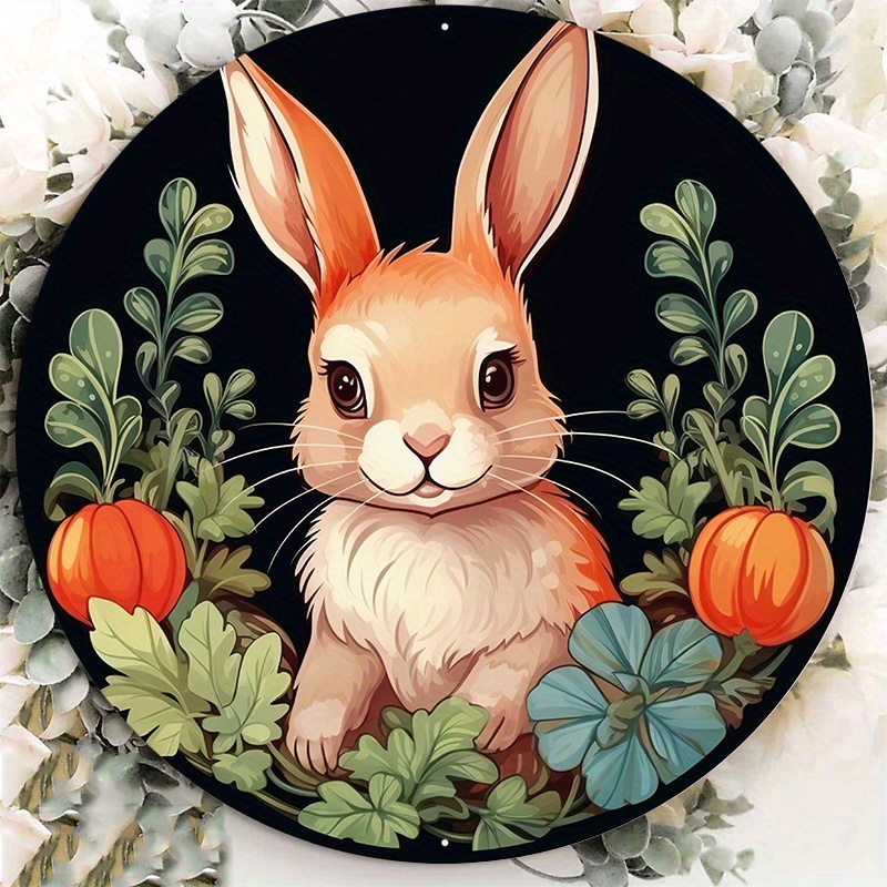 

1pc 8x8inch Aluminum Metal Sign, Fresh Bunny With Carrots Wreath Sign, Easter Wreath Sign, Door Hanging, Metal Wreath Sign