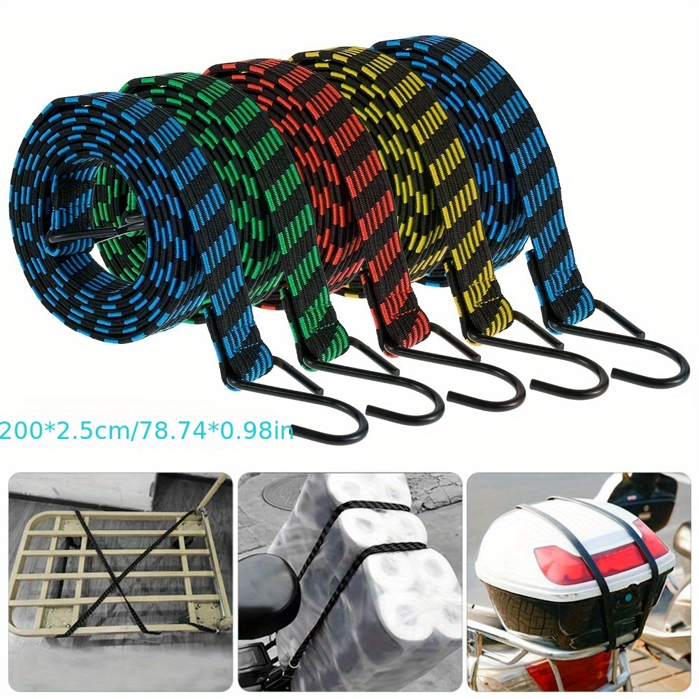 

1pc 2m Bungee Cords Elastic Bungees Cords With Hooks Heavy Duty Luggage Bungee Straps Anti-slip Flat Elasticity Rope For Motorcycle Bicycles