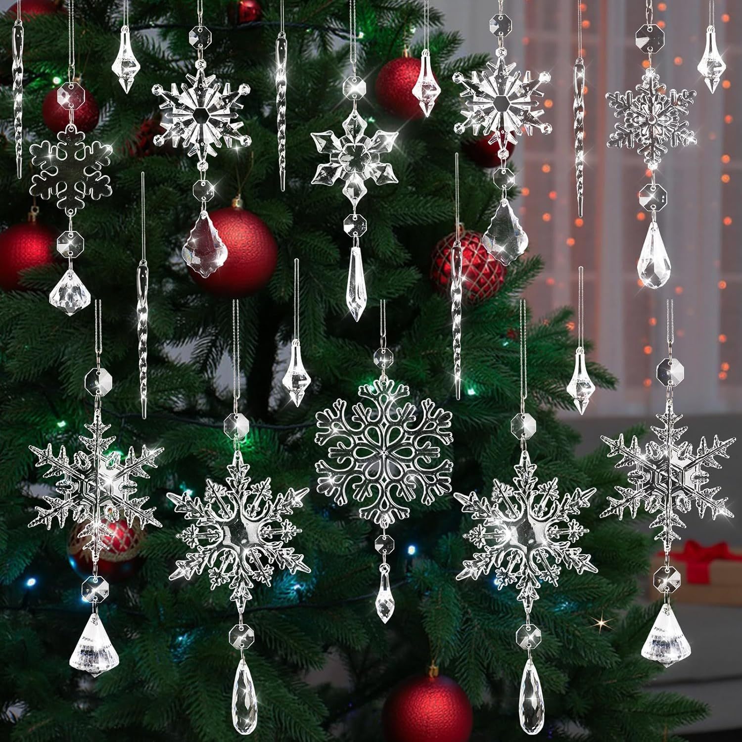 24 piezas de copos de nieve grandes acrílicos brillantes con purpurina para  árbol de Navidad, hogar, boda, fiesta, ventana, fiesta, decoración de