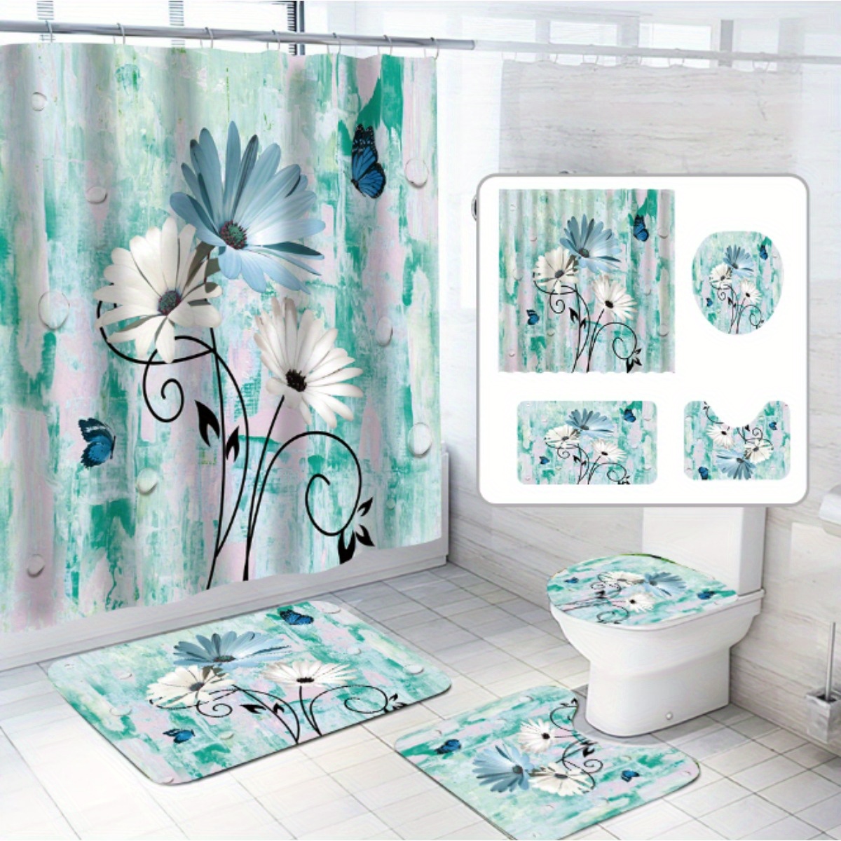 Non slip Wooden Shower Curtain 12 Hooks Waterproof Flower - Temu