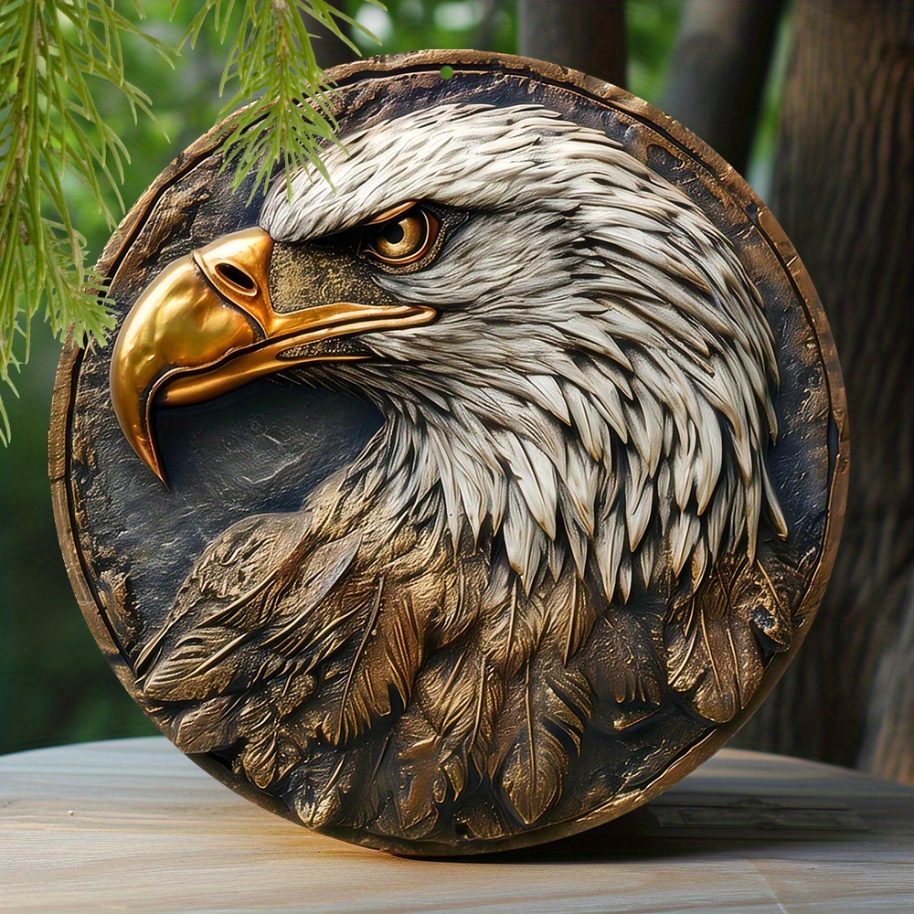 

1pc 8x8 Inch Eagle Themed Faux Embossing Painted Round Wreath Aluminum Metal Sign For Bedroom Decoration Boys Gifts Bald Decoration