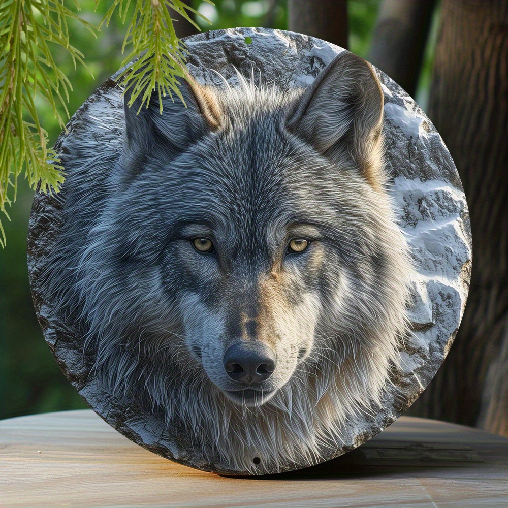 

1pc 8x8 Inch Spring Aluminum Metal Sign Faux Embossing Painted Round Wreath Sign Bedroom Decoration Thanksgiving Day Gifts North American Gray Wolf Themed Decoration