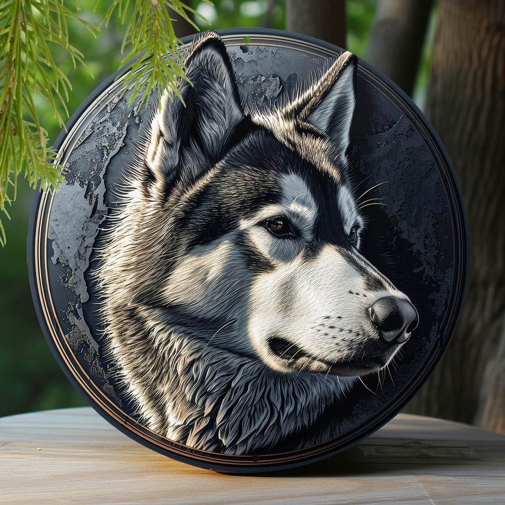 

1pc 8x8 Inch Spring Aluminum Metal Sign Faux Embossing Painted Round Wreath Sign Garden Decoration Thanksgiving Day Gifts Alaskan Malamute Themed Decor