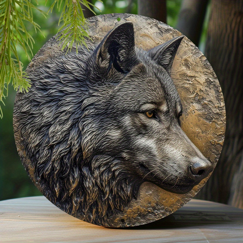 

1pc 8x8 Inch Spring Aluminum Metal Sign Faux Embossing Painted Round Wreath Sign Living Room Decoration Pet Lovers Gifts North American Gray Wolf Themed Decoration J12