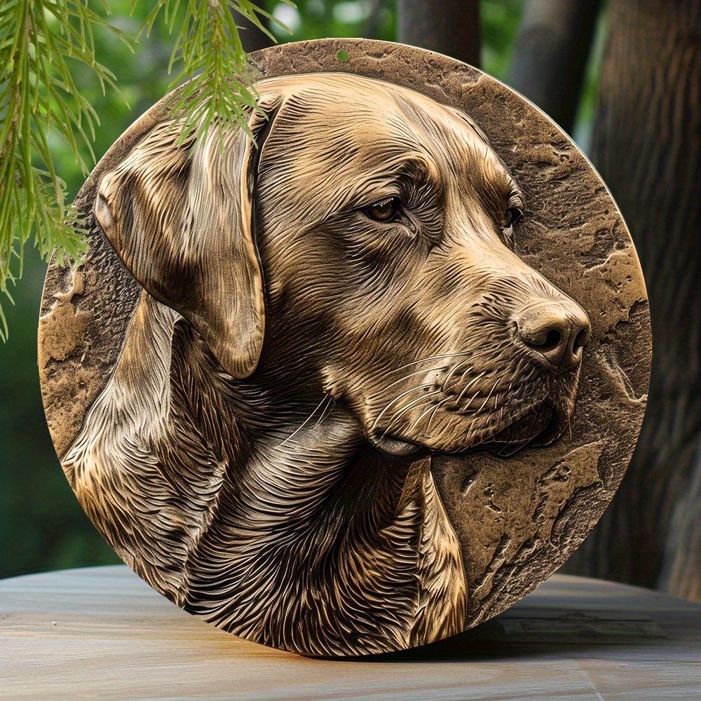 

1pc 8x8 Inch Spring Aluminum Sign Faux Embossing Painted Round Wreath Sign Apartment Decoration Father's Day Gifts Labrador Retriever Themed Decoration