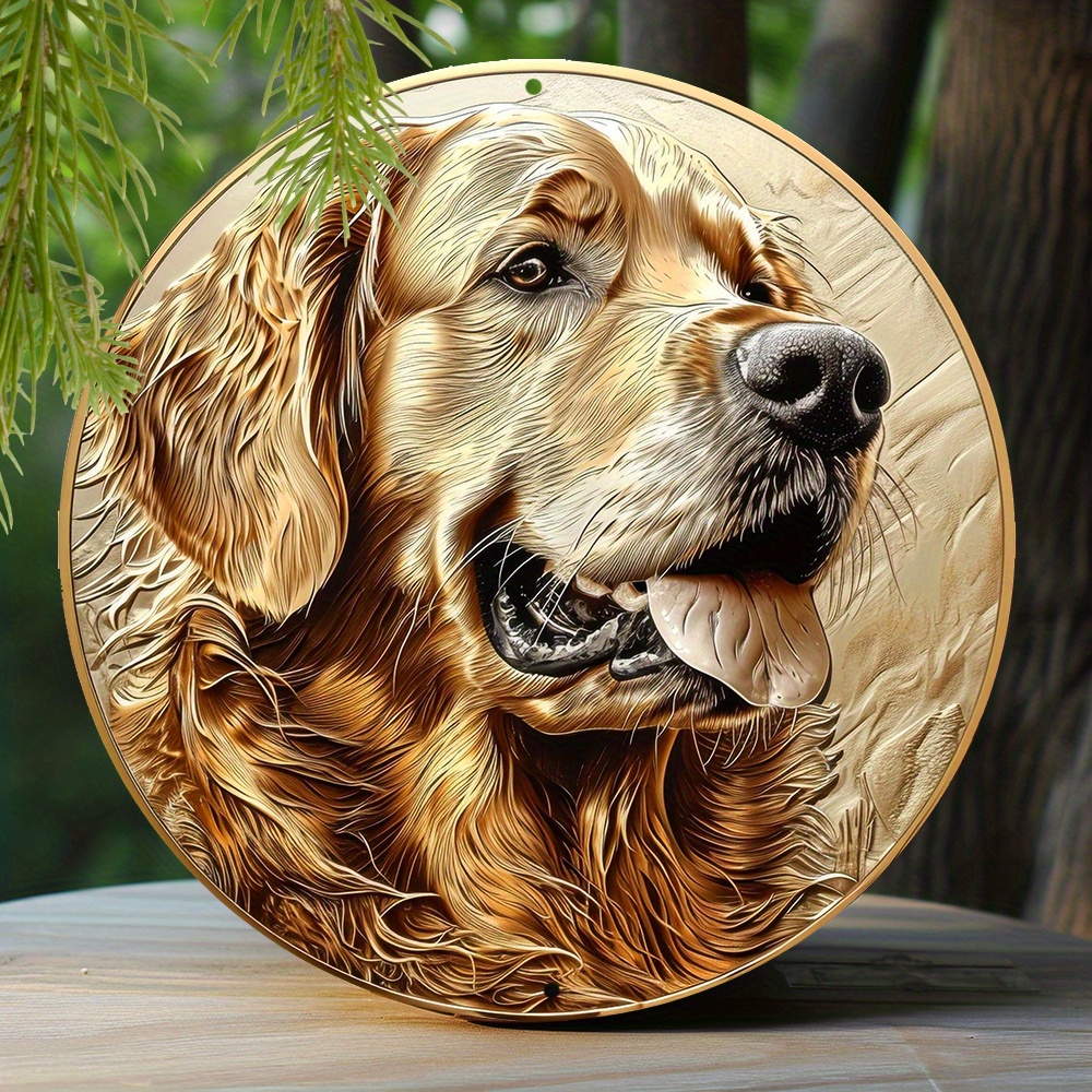 

1pc 8x8 Inch Spring Aluminum Sign Faux Embossing Painted Round Wreath Sign Apartment Decoration Fathers Gifts Golden Retriever Themed Decoration
