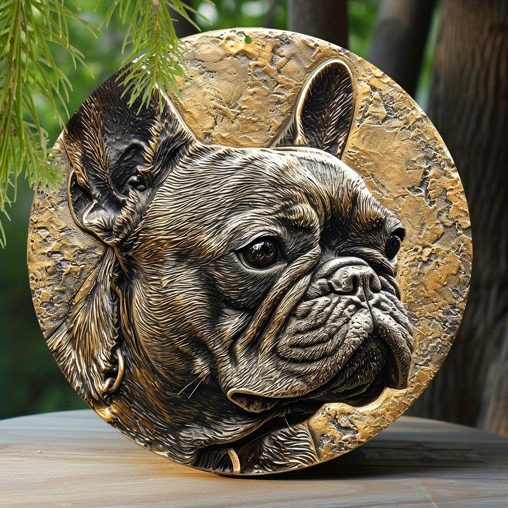 

1pc 8x8 Inch (20cm X 20cm) Spring Aluminum Sign Faux Embossing Painted Round Wreath Sign Apartment Decoration Pet Lovers Gifts French Bulldog Themed Decoration J111