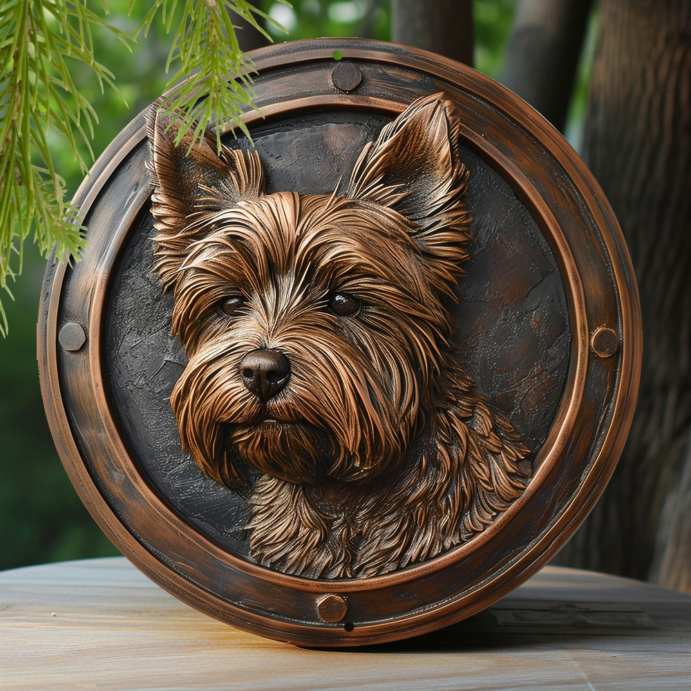 

1pc 8x8 Inch Spring Aluminum Sign Faux Embossing Painted Round Wreath Sign Bedroom Decoration Valentine's Day Gifts Yorkshire Terrier Themed Decoration