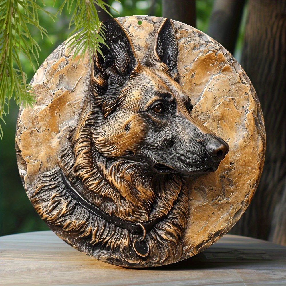 

1pc Spring Aluminum Sign, Faux Embossing Painted Round Wreath Sign, Dormitory Decoration Men Gifts German Shepherds Themed Decoration 8x8 Inch 20x20cm