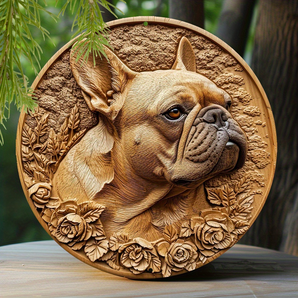 

1pc 8x8 Inch Spring Aluminum Sign Faux Embossing Painted Round Wreath Sign Living Room Decoration Mother's Day Gifts French Bulldog Themed Decoration