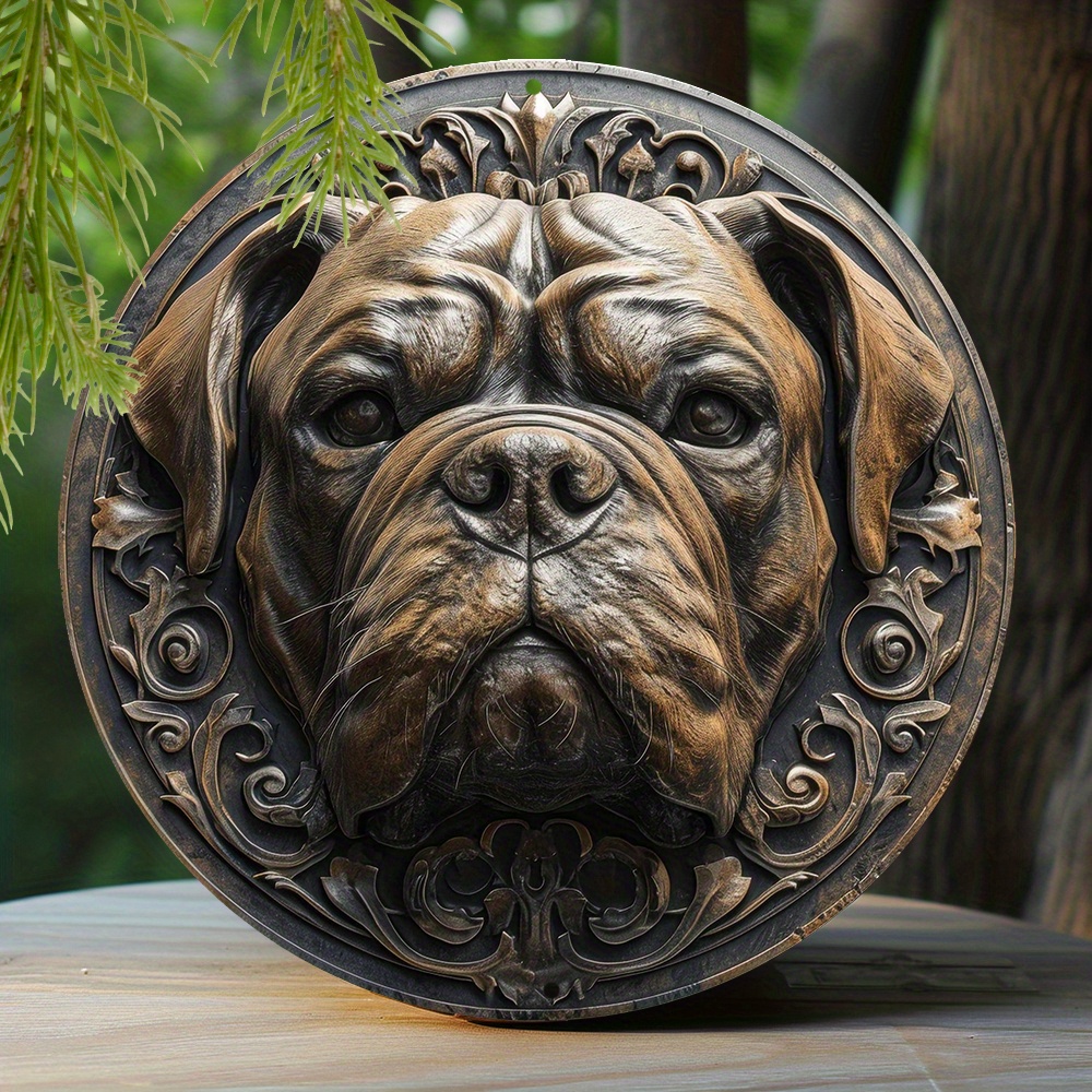 

1pc 8x8 Inch Spring Aluminum Sign Faux Embossing Painted Round Wreath Sign Living Room Decoration Valentine's Day Gifts Bulldog Themed Decoration