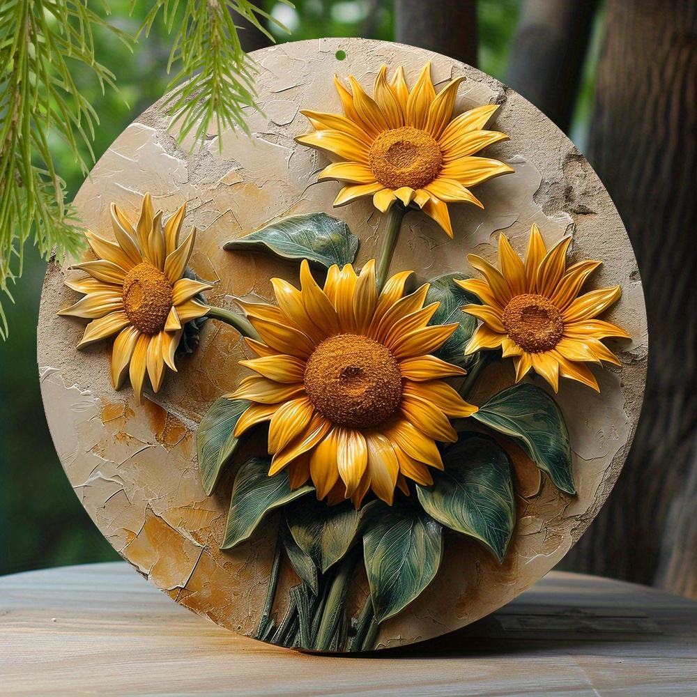 

1pc 8x8 Inch Spring Aluminum Sign Faux Embossing Painted Round Wreath Sign Office Decoration Women Gifts Sunflowers Themed Decor