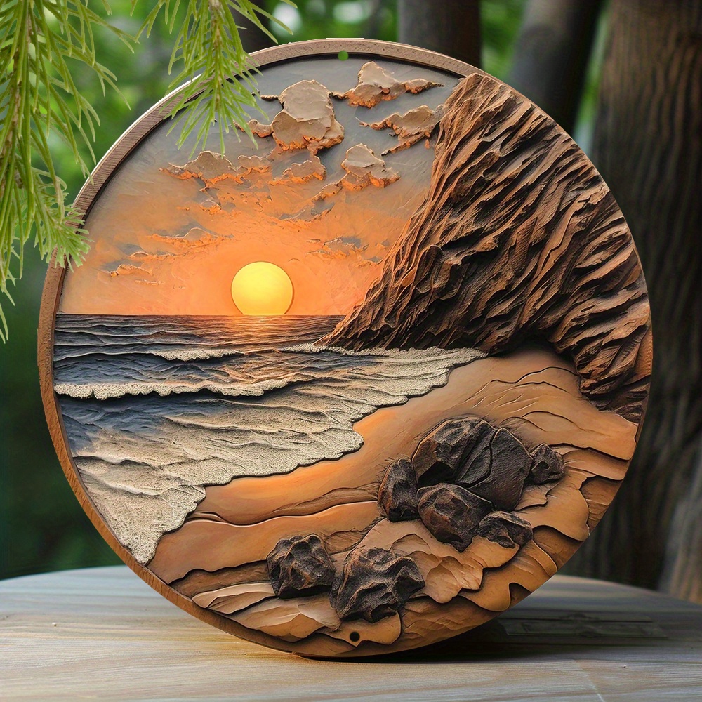 

1pc 8x8 Inch (20cm X 20cm) Spring Metal Sign Faux Embossing Painted Round Wreath Sign Living Room Decoration Men Gifts Sunrise Themed Decoration J191