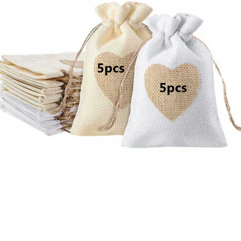 10pcs Heart Burlap Gift Bags With Thank You Tags - Drawstring Linen Pouches For Valentine's, Weddings, Easter, Christmas, Halloween, Thanksgiving & New Year