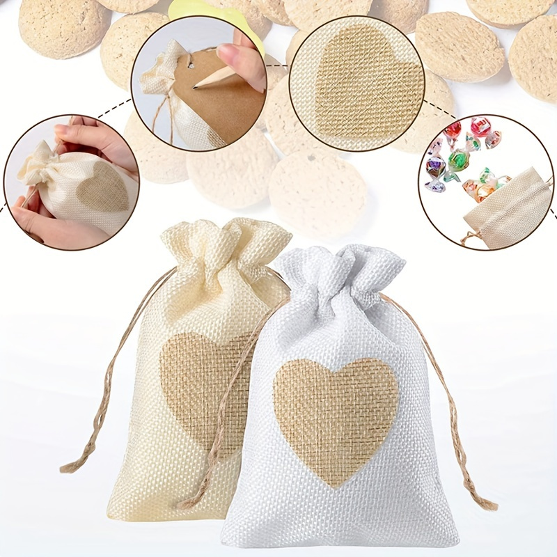 

10pcs, Heart Burlap Bag With Thank You Tag Drawstring Gift Bags Candy Pouches Linen Gift Pockets For Valentine's Day Wedding Easter Christmas Halloween Thanksgivings New Year