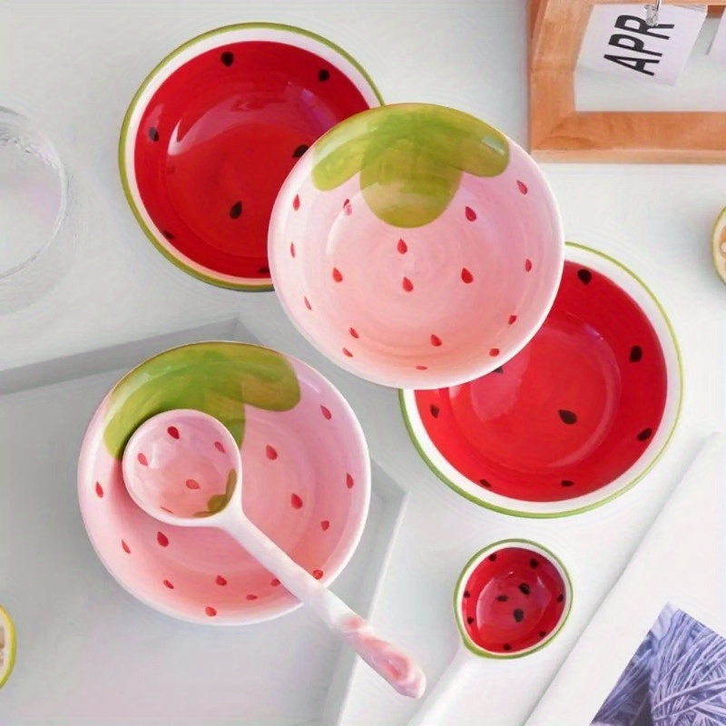 

1pc High Aesthetic Cartoon Ceramic Bowl, Cereal Bowl, Large Ceramic Strawberry Watermelon Bowl With Fruit Pattern For Restaurant