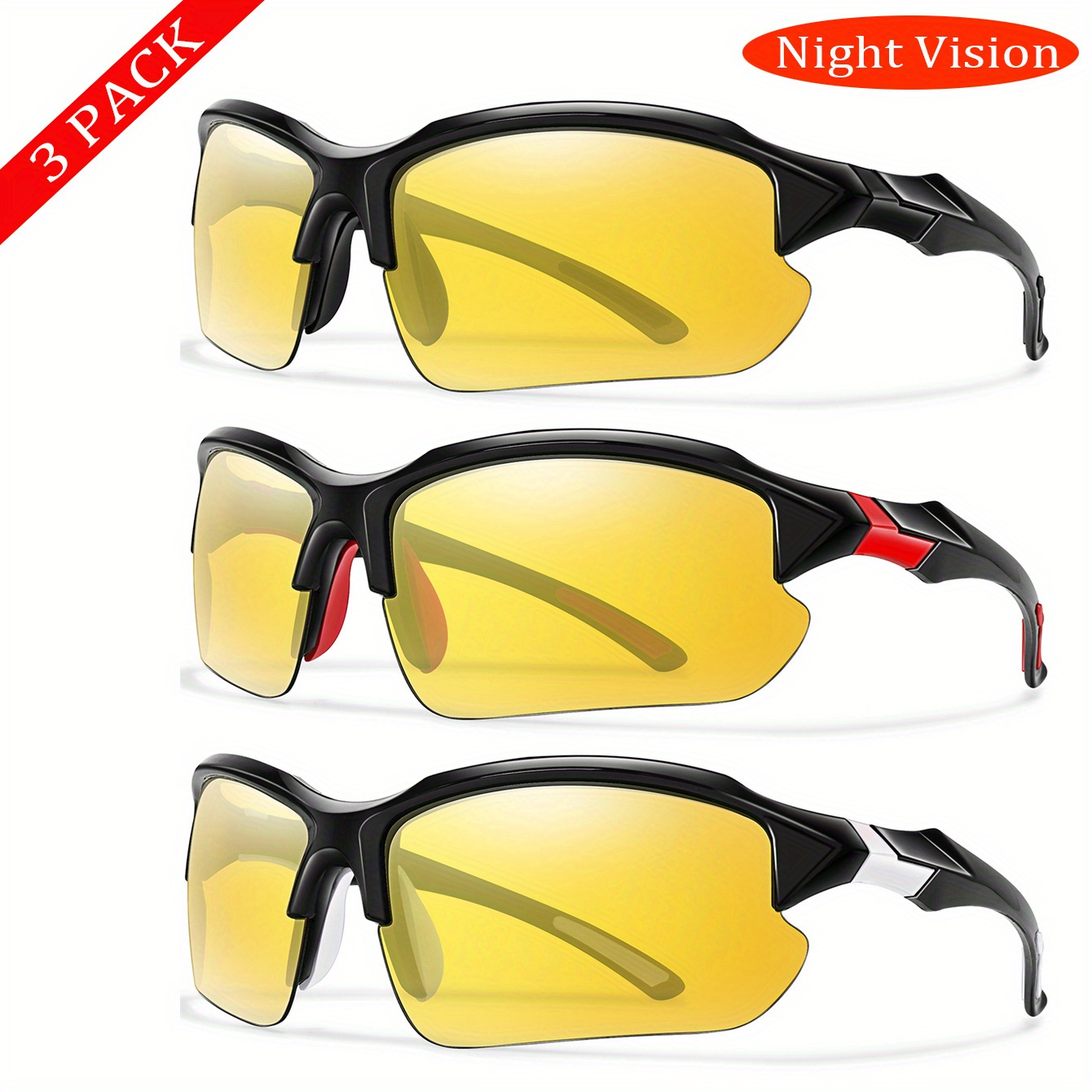 3 Pcs Night Vision Women Fashion Outdoor Sports Running Glasses Climbing Hiking Golf Windproof Eyewear No Polarized,Googles Sun Glasses,Goggles Y