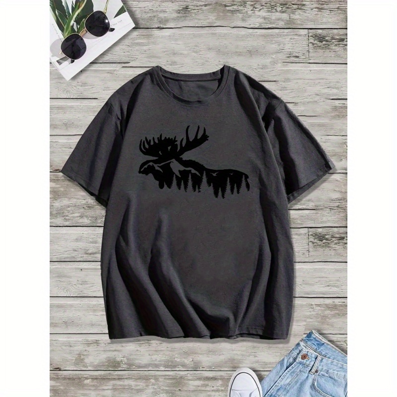 

Elk Print T Shirt, Tees For Men, Casual Short Sleeve T-shirt For Summer