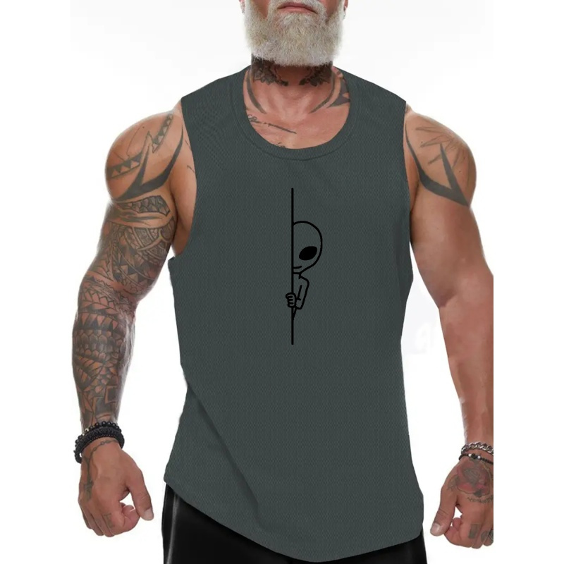 

Alien Peeking Print Sleeveless Tank Top, Men's Active Undershirts For Workout At The Gym