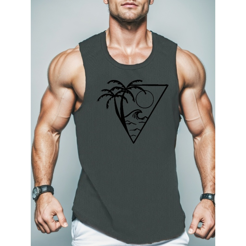 

Palm Trees Print Sleeveless Tank Top, Men' Undershirts For Workout At