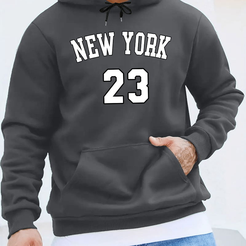 

New York Print Men's Pullover Round Neck Hoodies With Kangaroo Pocket Long Sleeve Hooded Sweatshirt Loose Casual Top For Autumn Winter Men's Clothing As Gifts
