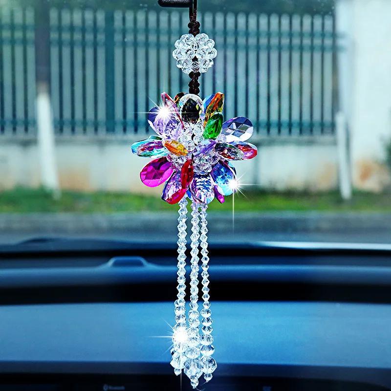 

Beautiful Styling Crystal Car Hanging Ornaments Rhinestone Flower Tassels Pendant Rear View Mirror Car Decoration Accessories Eid Al-adha Mubarak