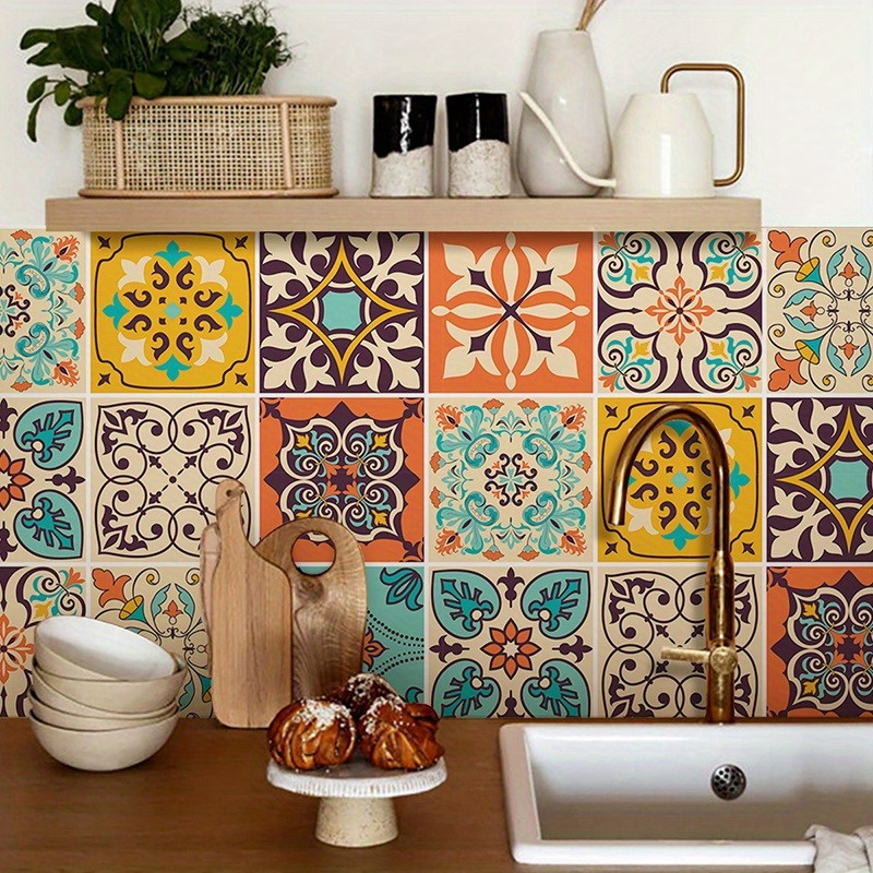 

10pcs Bohemian Style Plastic Tile Wall Stickers, 4x4 Inch Peel And Stick, Waterproof Vinyl Decals For Living Room, Kitchen, Bedroom, Home Wall Decoration