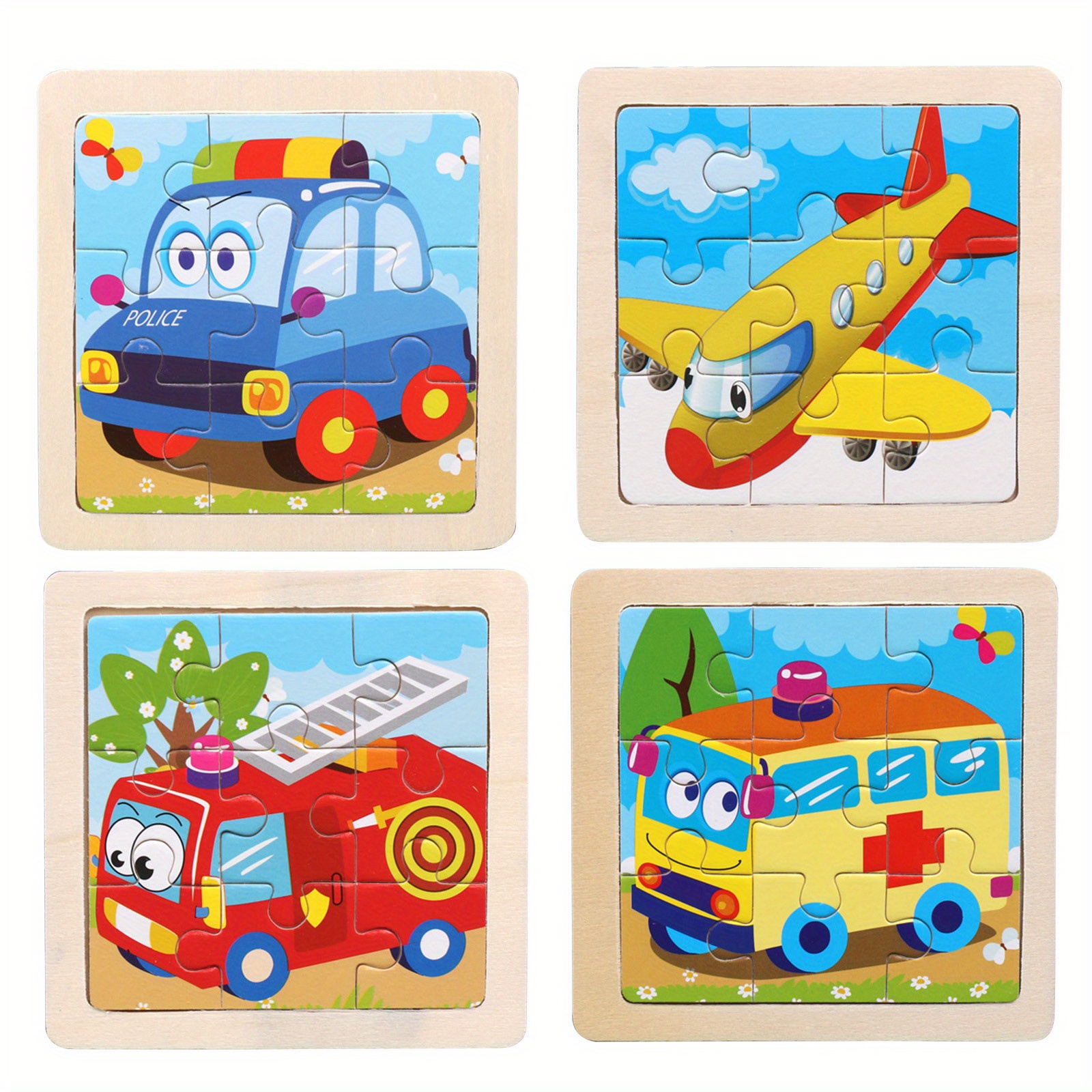 

4 Sets Of Wooden Transportation Themed Puzzles, 9 Pieces Each