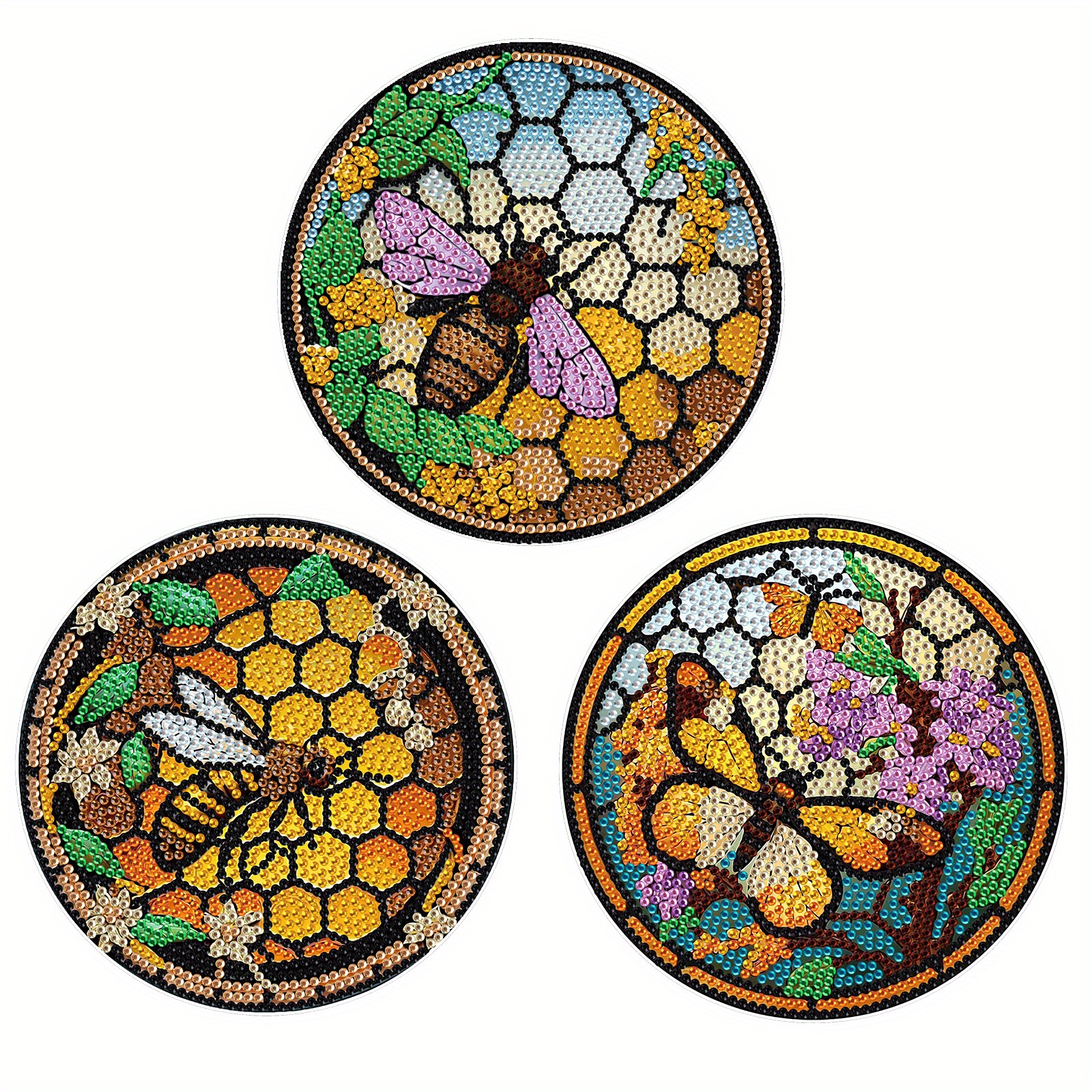 

3pcs Diy Diamond Art Painting Placemats Honeycomb Animal Bee Butterfly Glitter Sparkle Round Diamond Art Placemat Non-slip Modern Dining Table Kitchen Home Decor Table Mats Living Indoor Camping