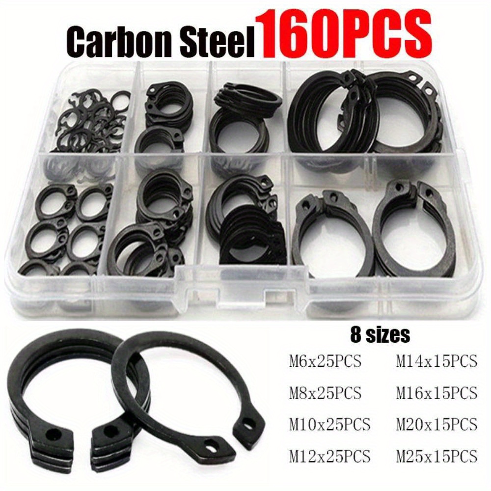 

160pcs C-clip Washers Assortment Kit Set M6 To M25 Carbon Steel Black Shaft Bearing Retaining Clip Ring C Type External Circlip