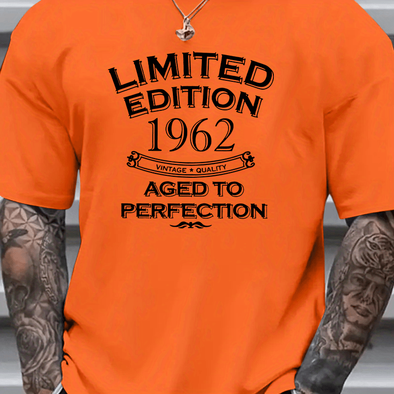 

1962 Vintage-inspired Men's T-shirt - Casual, Breathable Polyester, Crew Neck, Short Sleeve With "aged To " Graphic - Machine Washable, Olive Green, Plus Size