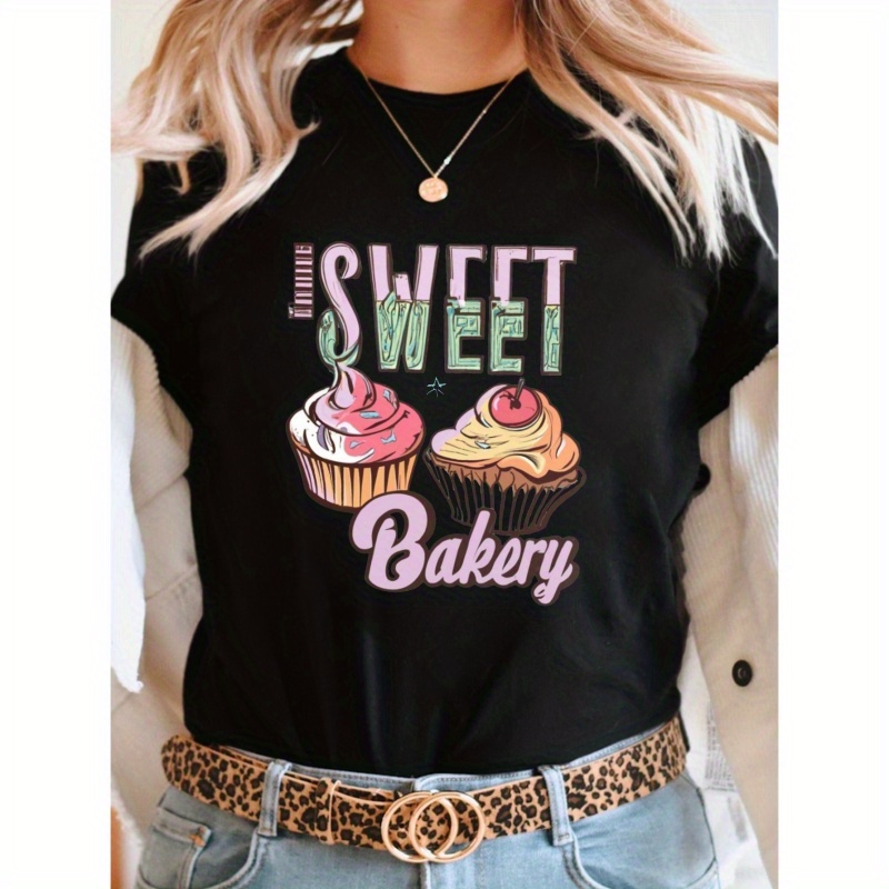 

Cupcakes & Letter Print T-shirt, Short Sleeve Crew Neck Casual Top For Summer & Spring, Women's Clothing
