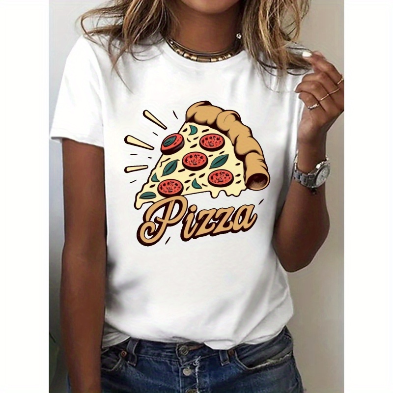 

Vintage Pizza Design Print T-shirt, Short Sleeve Crew Neck Casual Top For Summer & Spring, Women's Clothing
