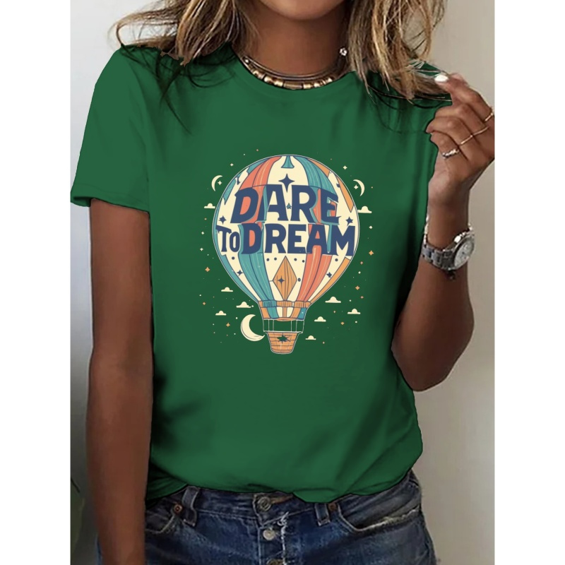 

Hot Air Balloon Print T-shirt, Short Sleeve Crew Neck Casual Top For Summer & Spring, Women's Clothing