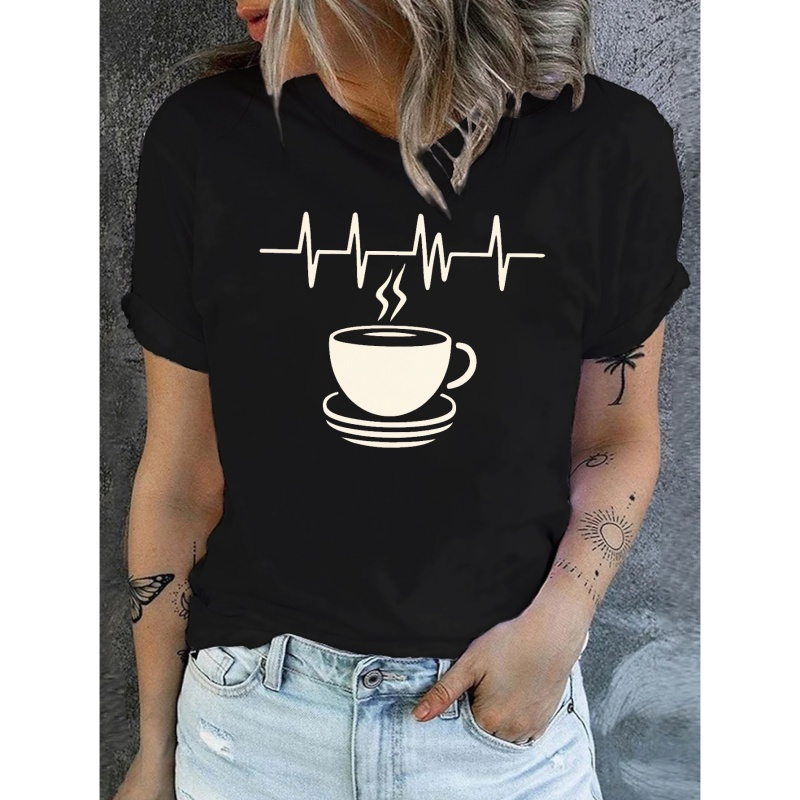 

Heartbeat Pulse Coffee Design Print T-shirt, Short Sleeve Crew Neck Casual Top For Summer & Spring, Women's Clothing