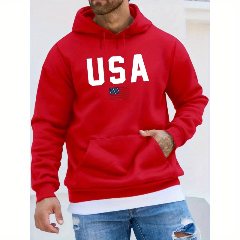 

Usa Print Hoodie, Cool Hoodies For Men, Men's Casual Pullover Hooded Sweatshirt With Kangaroo Pocket Streetwear For Winter Fall, As Gifts