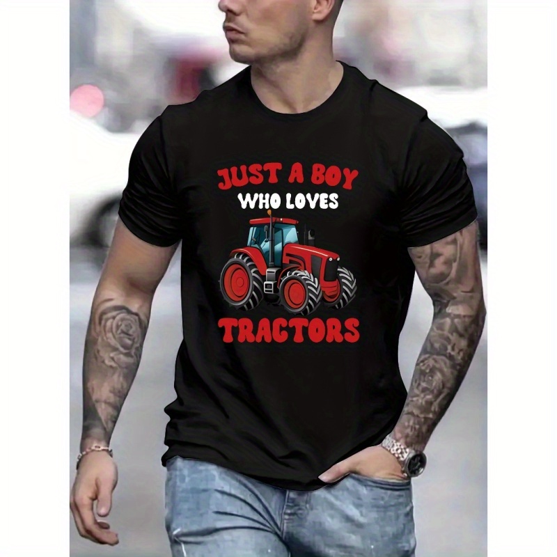 

Just A Boy Who Loves Tractors Print T Shirt, Tees For Men, Casual Short Sleeve T-shirt For Summer