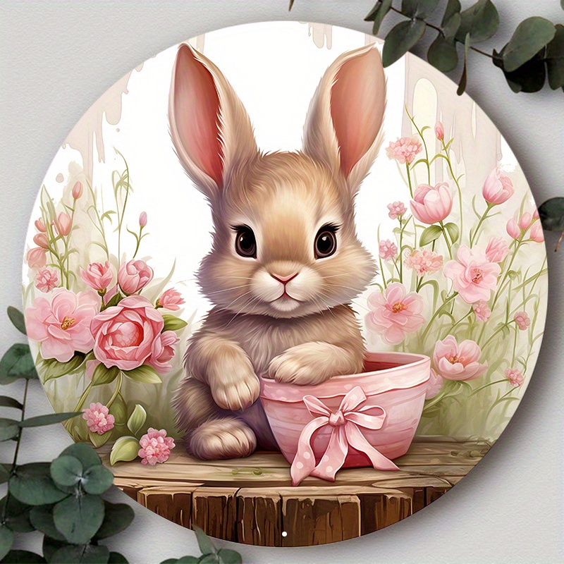 

1pc 8x8inch Aluminum Metal Sign Easter Bunny In Basket Wreath Sign Metal Wreath Sign For Wreaths Door Decor Round Wreath Sign Suitable For Various Scenarios