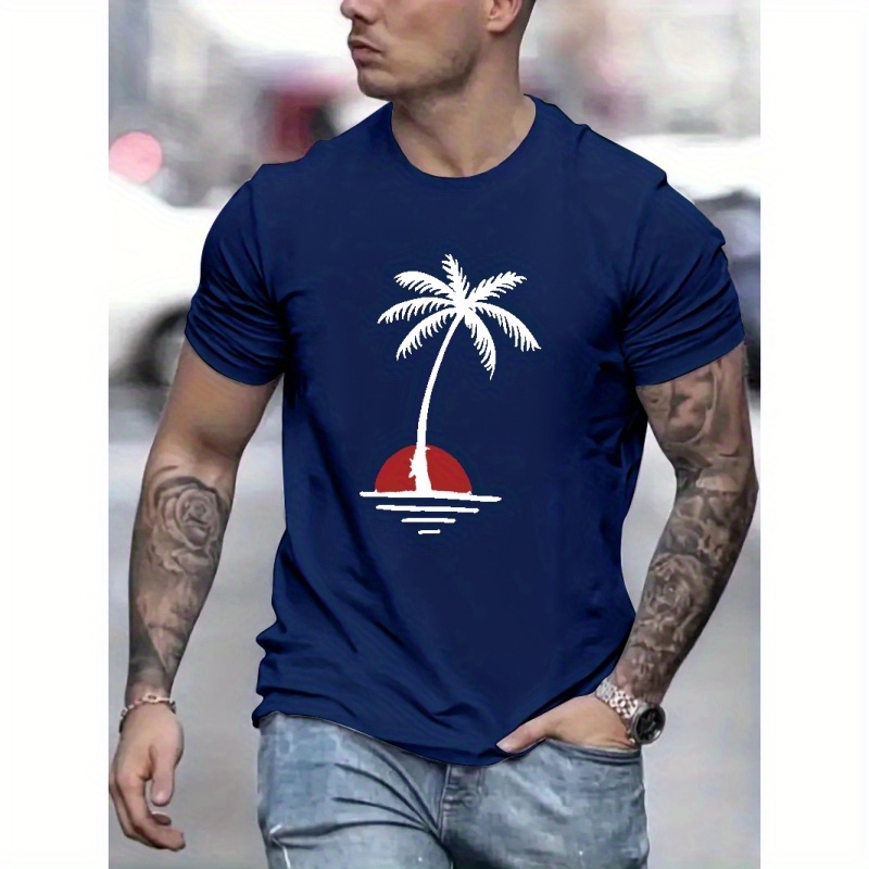 

T-shirt Imprimé Avec Des Palmiers Et Un Lever De Soleil, T-shirts Pour Hommes, T-shirt Décontracté À Manches Courtes Pour L'été