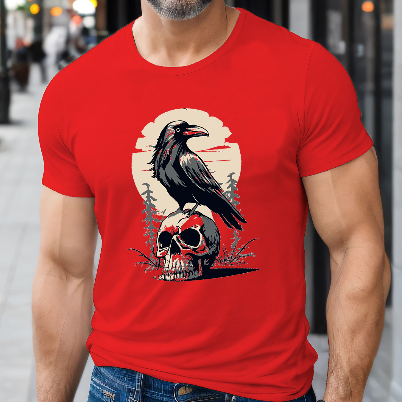 

Skull And Crow Pattern Print Men's Creative Top, Casual Short Sleeve Crew Neck T-shirt, Men's Clothing For Summer Outdoor
