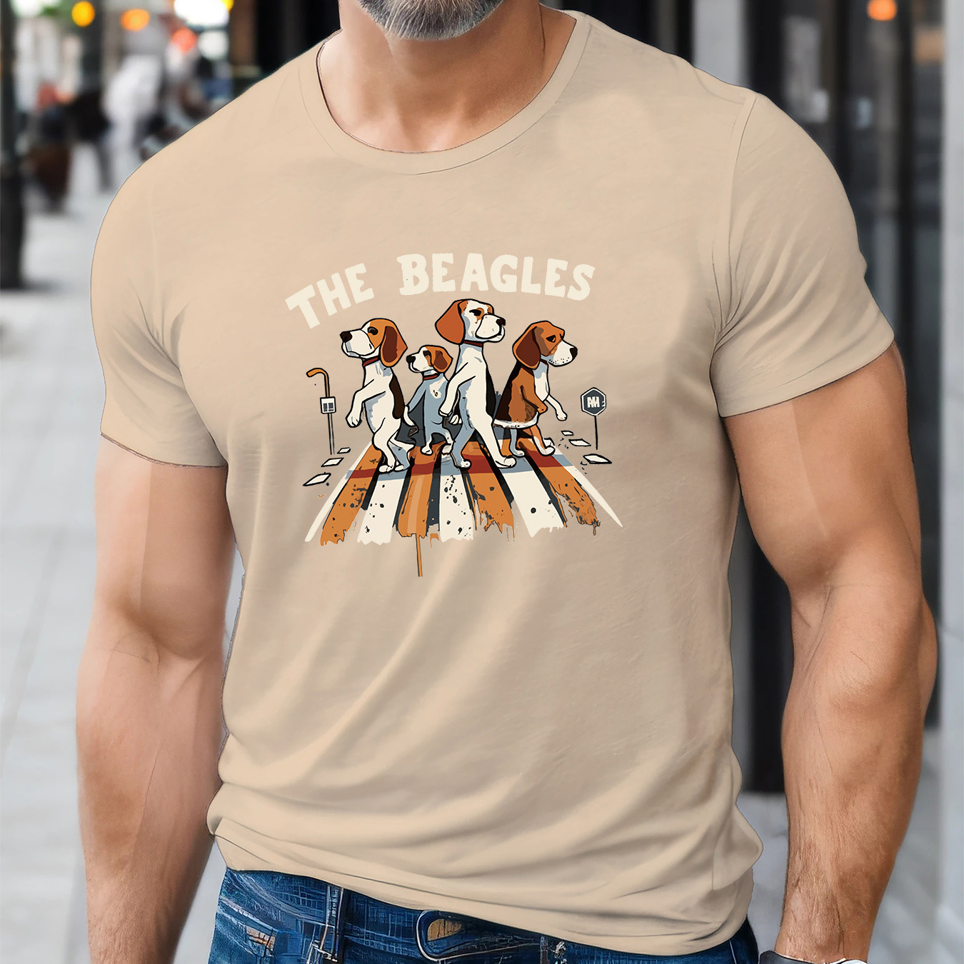 

The Beagles Print, Men's Fashion Comfy T-shirt, Casual Stretchy Breathable Top For Summer, Men's Clothing