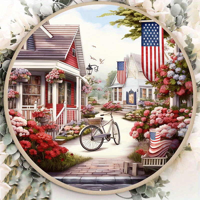 

1pc 8x8inch Aluminum Metal Sign Patriotic Bike Wreath Sign, Metal Wreath Sign, Summer Wreath Sign, Round Wreath Center