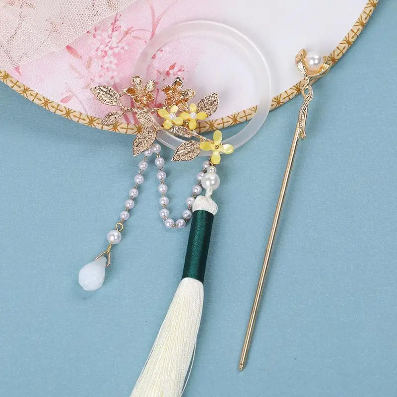 1pc chinese style   pearl decorative hair pin with tassel   leaf hair dish   decoration for women and daily uses Product details 7