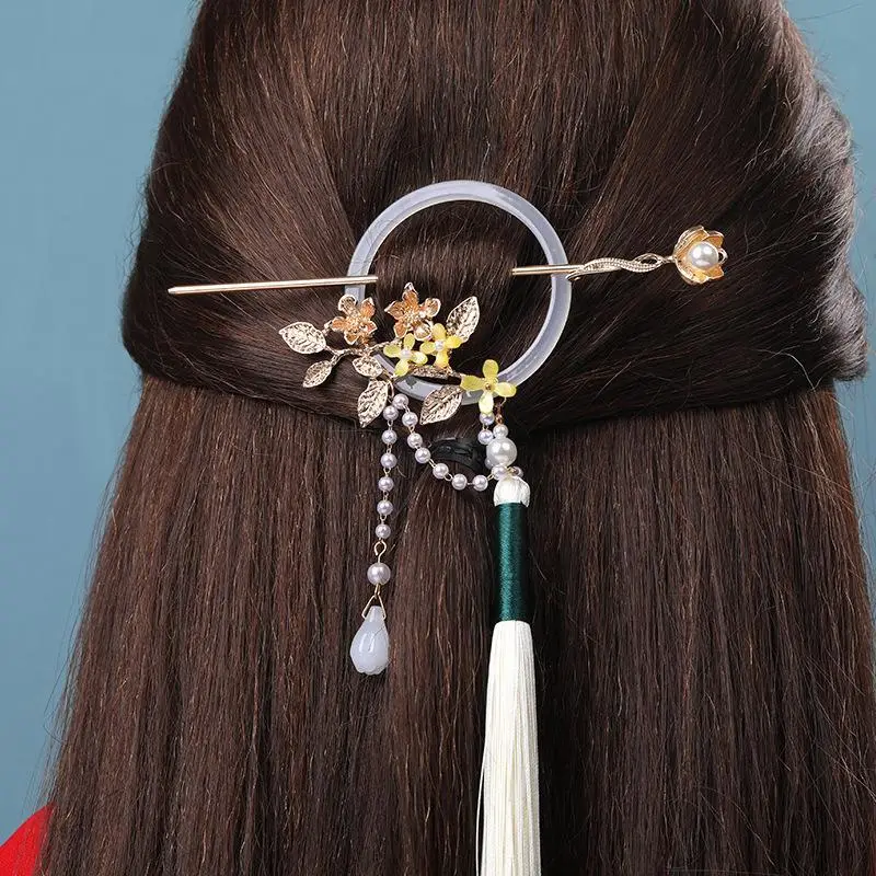 1pc chinese style   pearl decorative hair pin with tassel   leaf hair dish   decoration for women and daily uses Product details 9