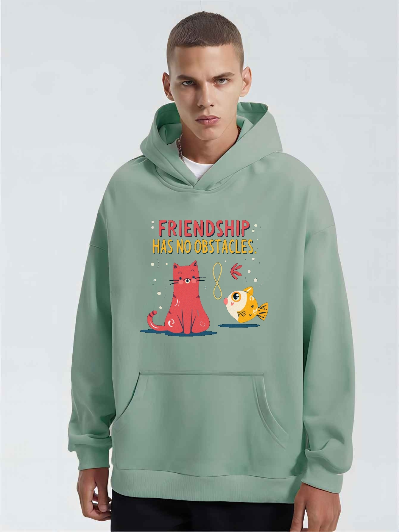 Friendship Has No Boundaries And Anime Cat And Fish Graphic Print Sweatshirt,  Artistic Graphic Design Hoodies
