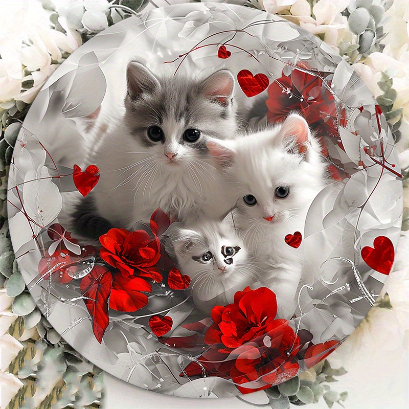 

1pc 8x8inch/20*20cm Aluminum Metal Sign Red And White Heart Retro Kitten Style Valentines Wreath Sign Circle Shaped Cat Wreath Sign Choose You R Si Ny